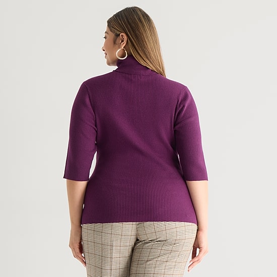 Worthington Plus Womens Turtleneck Elbow Sleeve Pullover Sweater