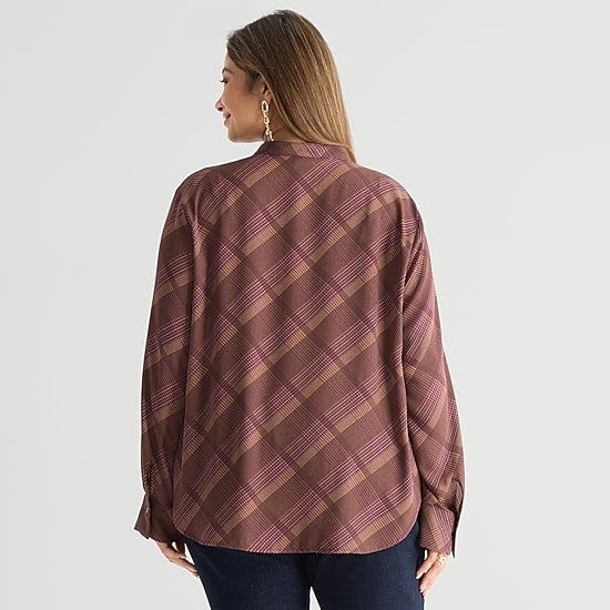 Worthington Womens Plus Henley Neck Long Sleeve Blouse