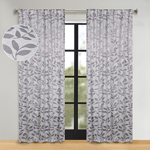 SUPERIOR Leaves Back Tab Energy Saving Room Darkening Set of 2 Curtain Panel, One Size, White