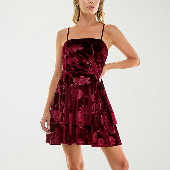 Trixxi Womens Juniors Straight Neck Sleeveless Velvet Fit + Flare Dress