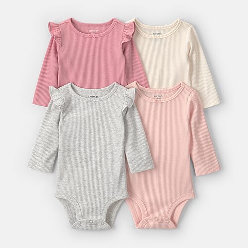 Carter's Baby Girls Crew Neck Long Sleeve 4-pc. Bodysuit In Pink