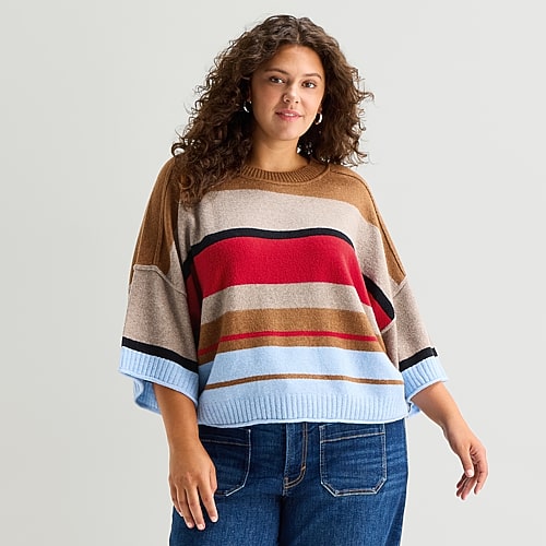 Ana Plus Womens Crew Neck Short Sleeve Striped Pullover Sweater In Beige