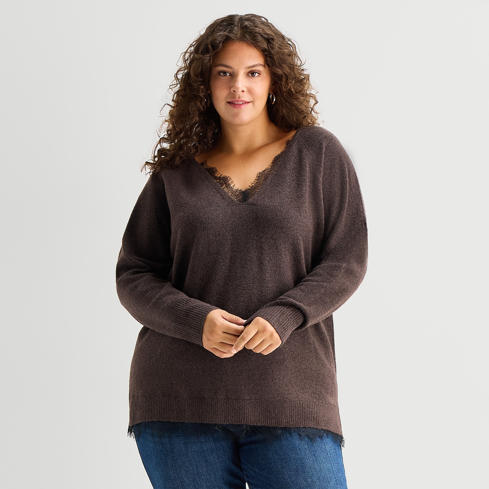 A.N.A Plus Lace Trim Womens V Neck Long Sleeve Pullover Sweater