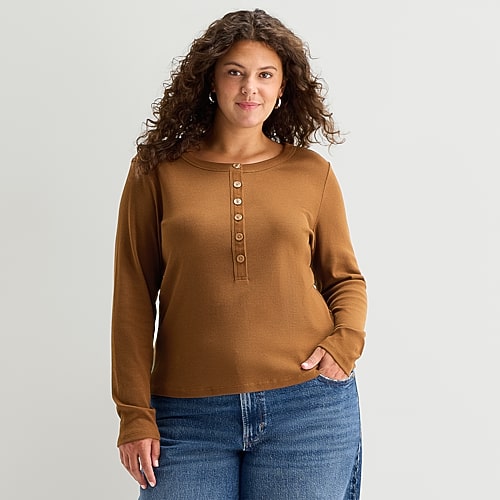 Ana Womens Plus Long Sleeve Fitted Henley Shirt In Brown