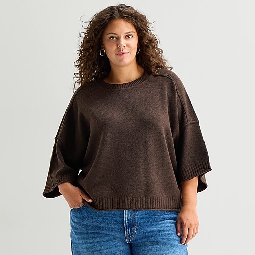 Ana Plus Womens Crew Neck Short Sleeve Striped Pullover Sweater In Brown