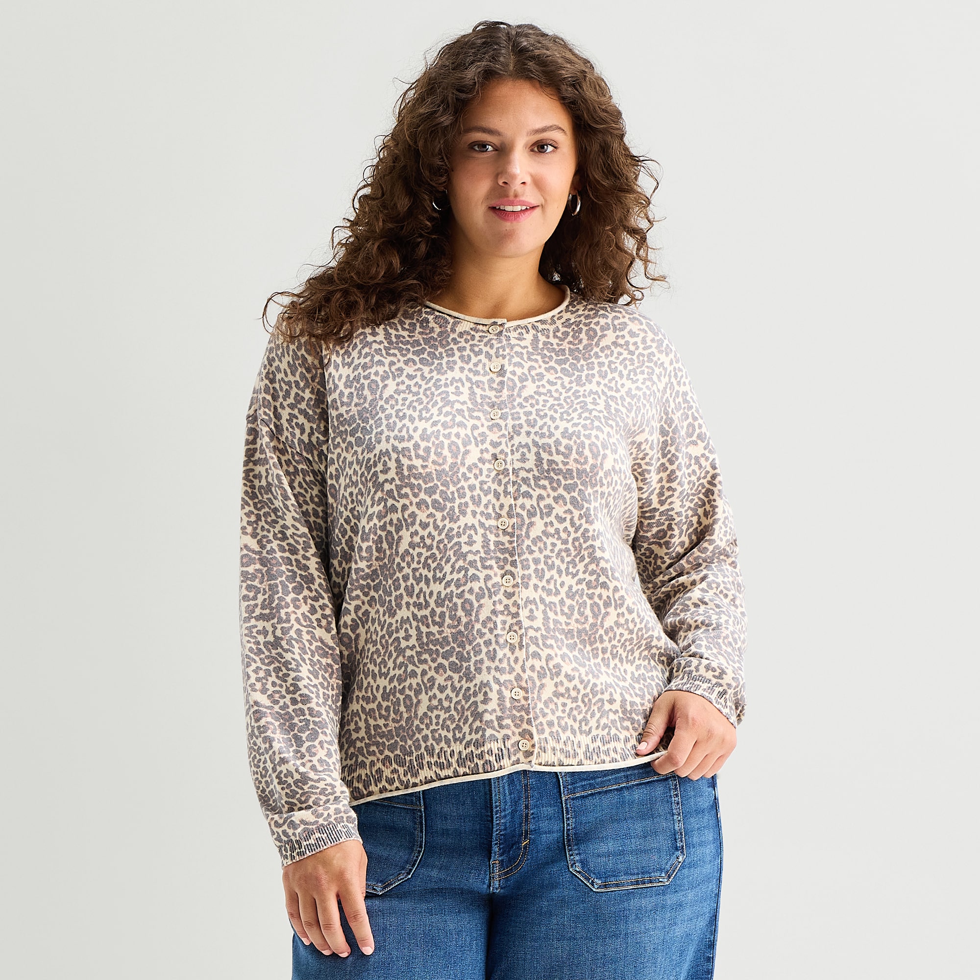 A.N.A Womens Crew Neck Long Sleeve Button Plus Animal Cardigan