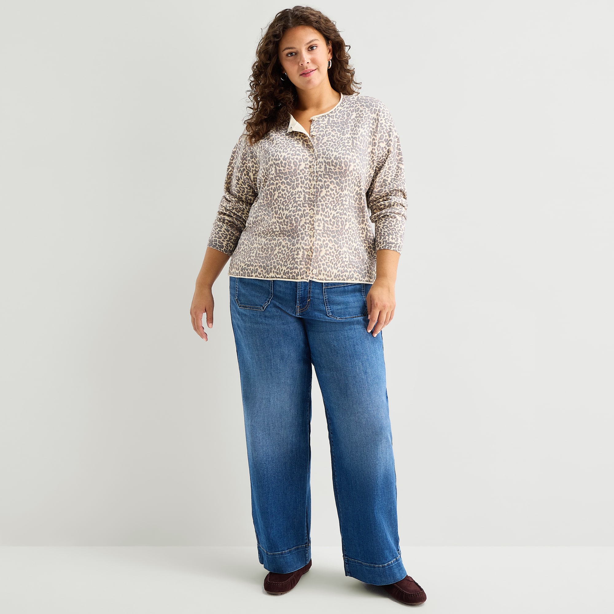 A.N.A Womens Crew Neck Long Sleeve Button Plus Animal Cardigan