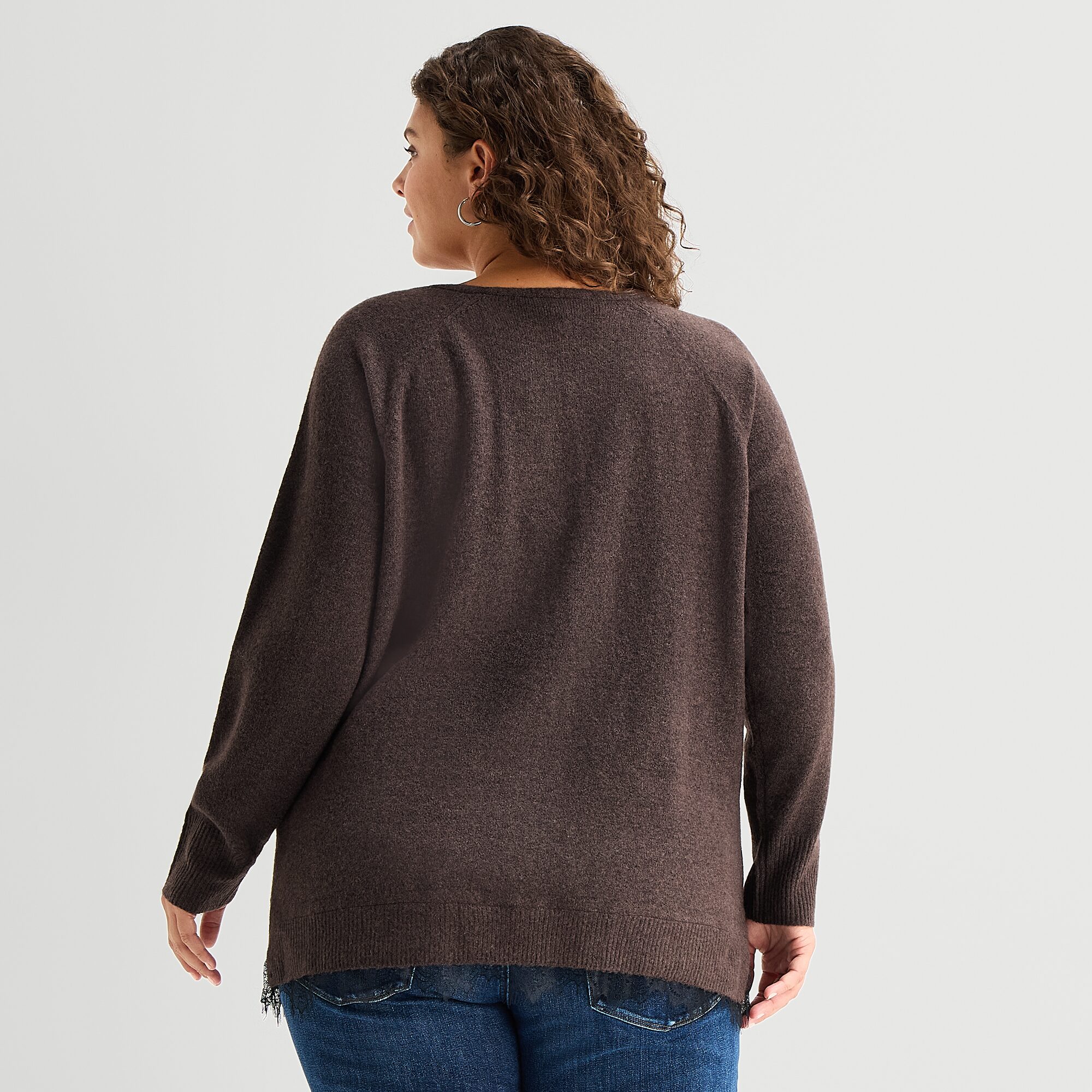 A.N.A Plus Lace Trim Womens V Neck Long Sleeve Pullover Sweater