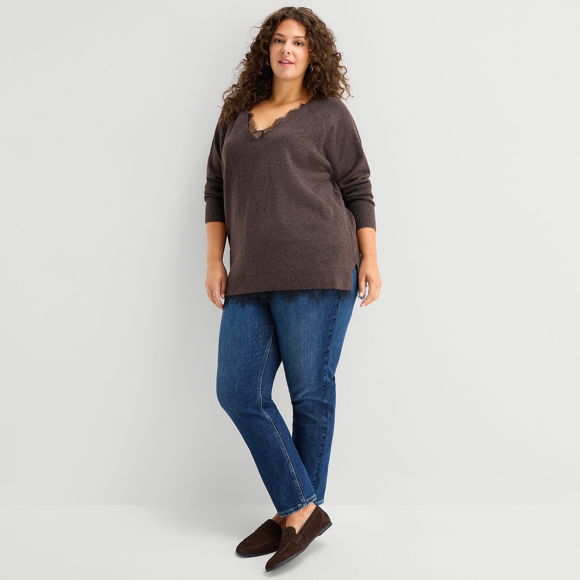 A.N.A Plus Lace Trim Womens V Neck Long Sleeve Pullover Sweater
