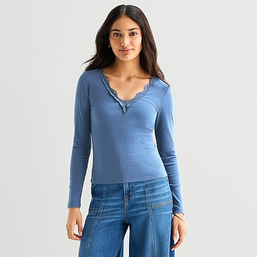 Ana Lace Trim Womens V Neck Long Sleeve T-shirt In Blue