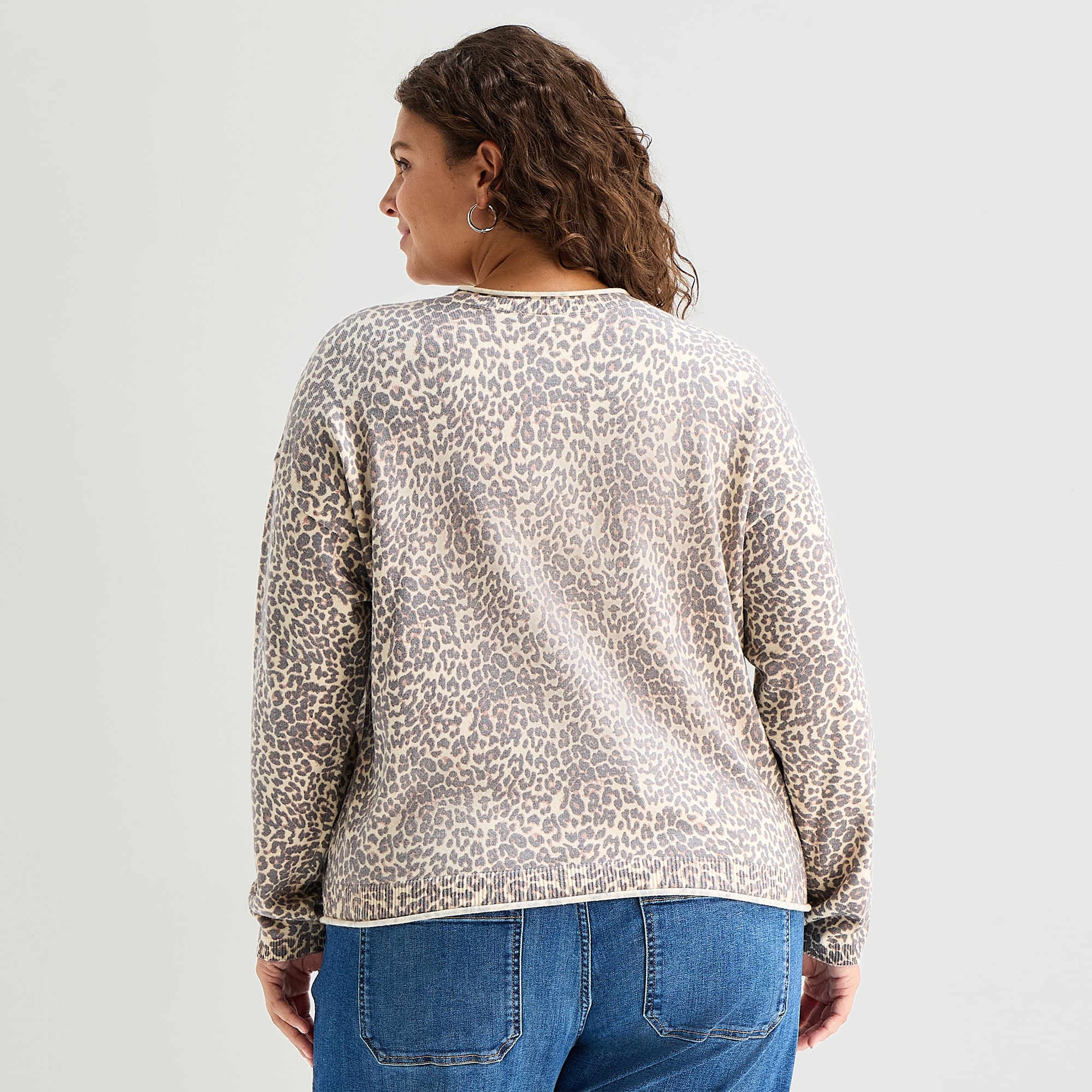 A.N.A Womens Crew Neck Long Sleeve Button Plus Animal Cardigan