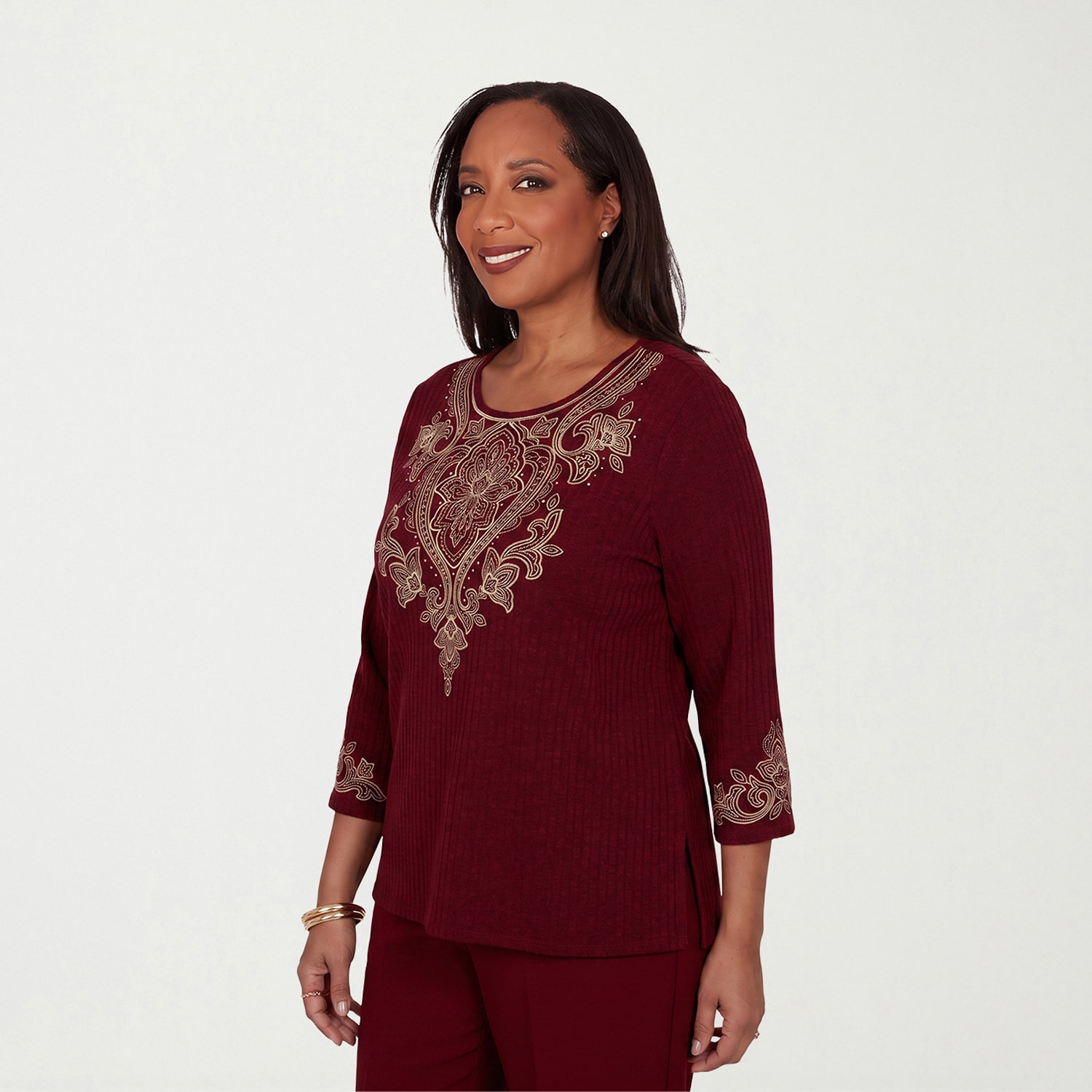 Alfred Dunner Union Square Womens Crew Neck 3/4 Sleeve T-Shirt