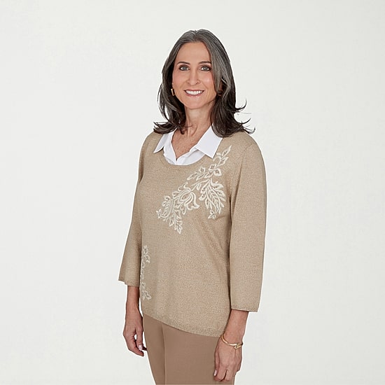 Alfred Dunner Union Square Womens 3/4 Sleeve Layered Sweater