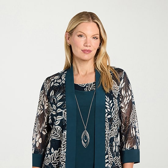 R & M Richards Womens Floral Jacket Dress with Removable Necklace