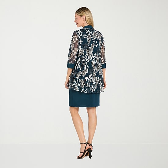 R & M Richards Womens Floral Jacket Dress with Removable Necklace