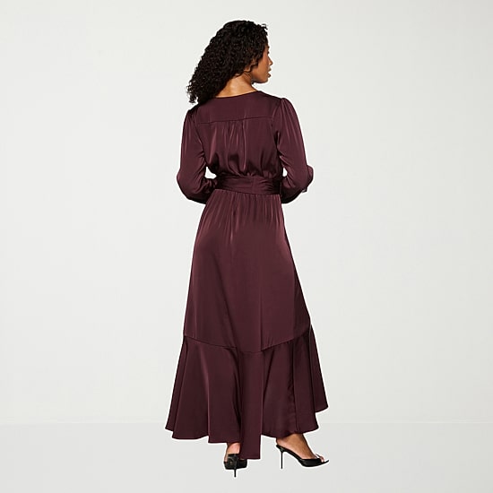 Premier Amour Womens High-Low V Neck Long Sleeve Puffed Maxi Dress