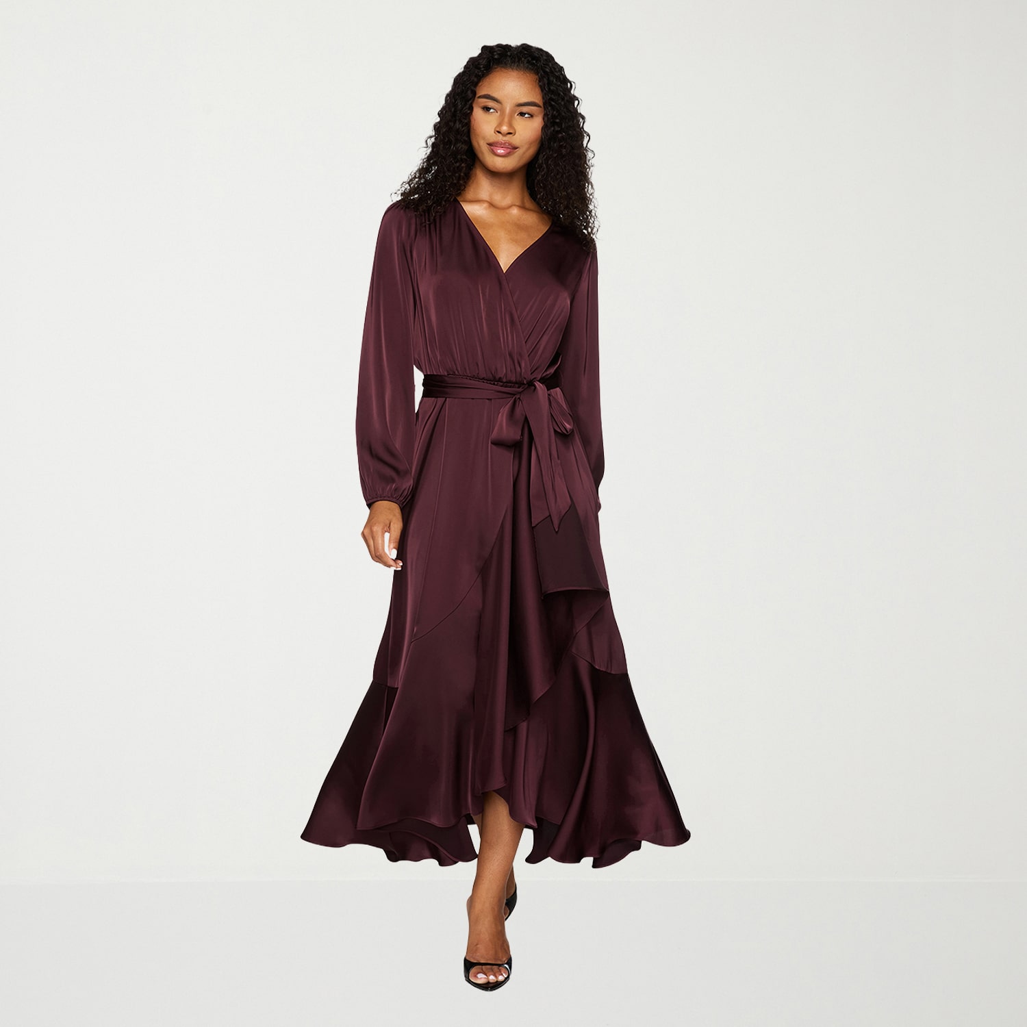 Premier Amour Womens High-Low V Neck Long Sleeve Puffed Maxi Dress