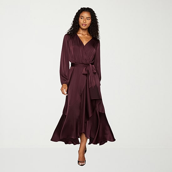 Premier Amour Womens High-Low V Neck Long Sleeve Puffed Maxi Dress
