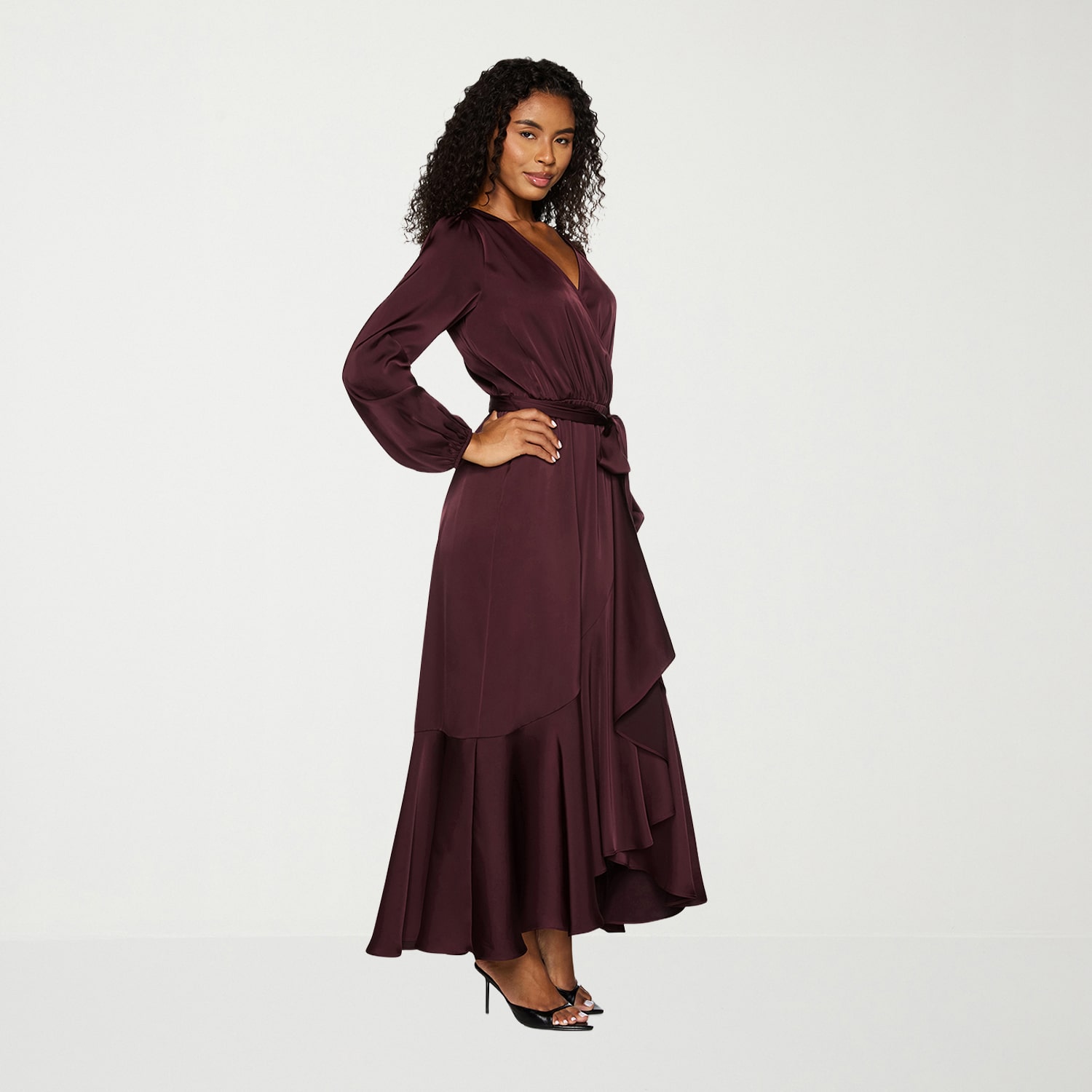 Premier Amour Womens High-Low V Neck Long Sleeve Puffed Maxi Dress