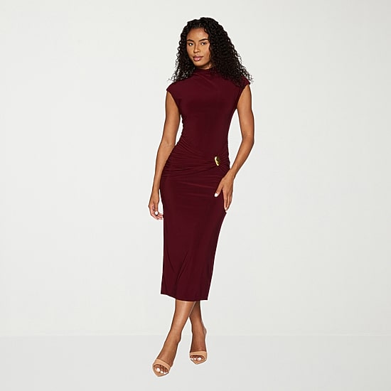 Premier Amour Womens Midi Mock Neck Sleeveless Sheath Dress