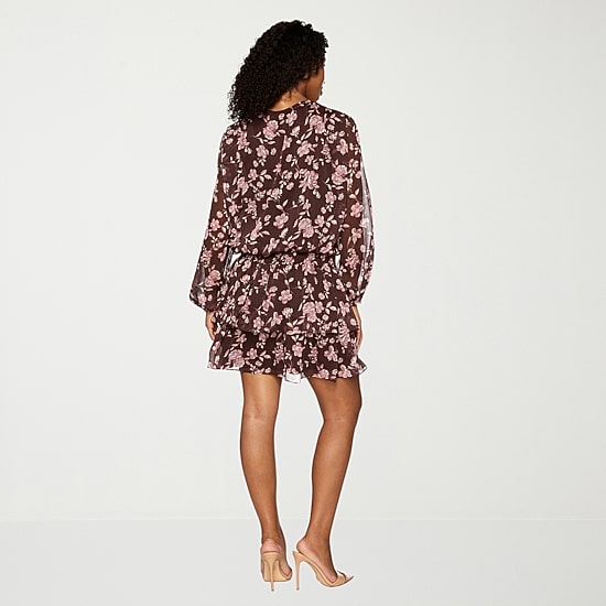 Premier Amour Womens Round Neck Long Sleeve Puffed Floral Fit + Flare Dress