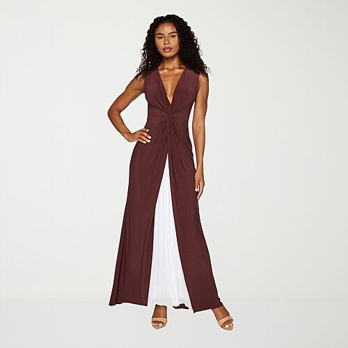 Premier Amour Womens V Neck Sleeveless Constrast Inset Evening Gown In Brown