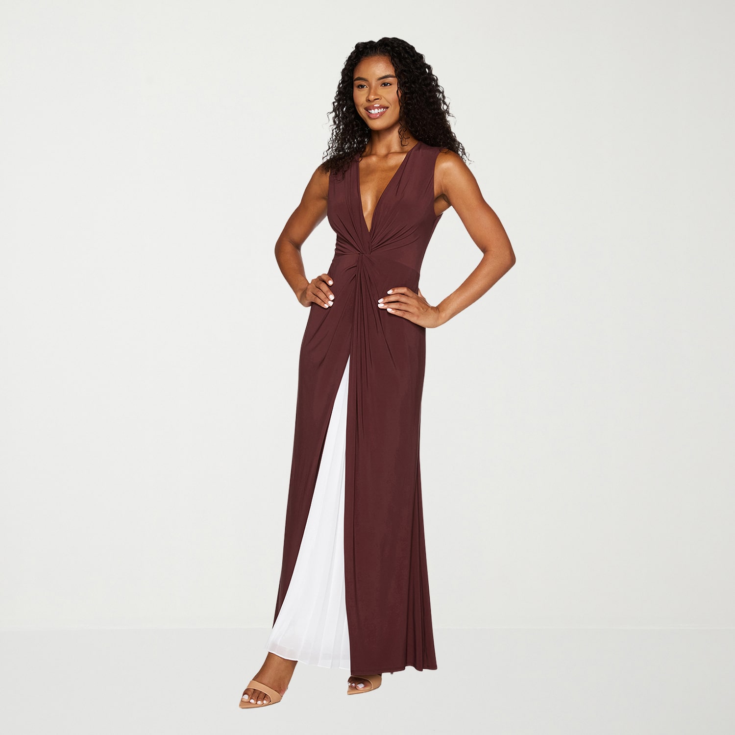 Premier Amour Womens V Neck Sleeveless Contrast Inset Evening Gown