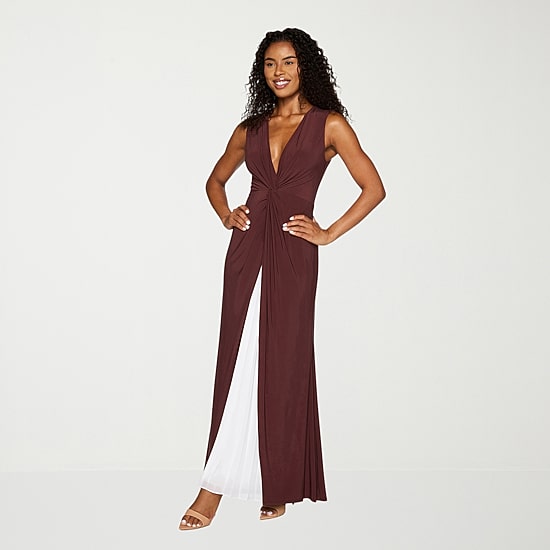 Premier Amour Womens V Neck Sleeveless Contrast Inset Evening Gown