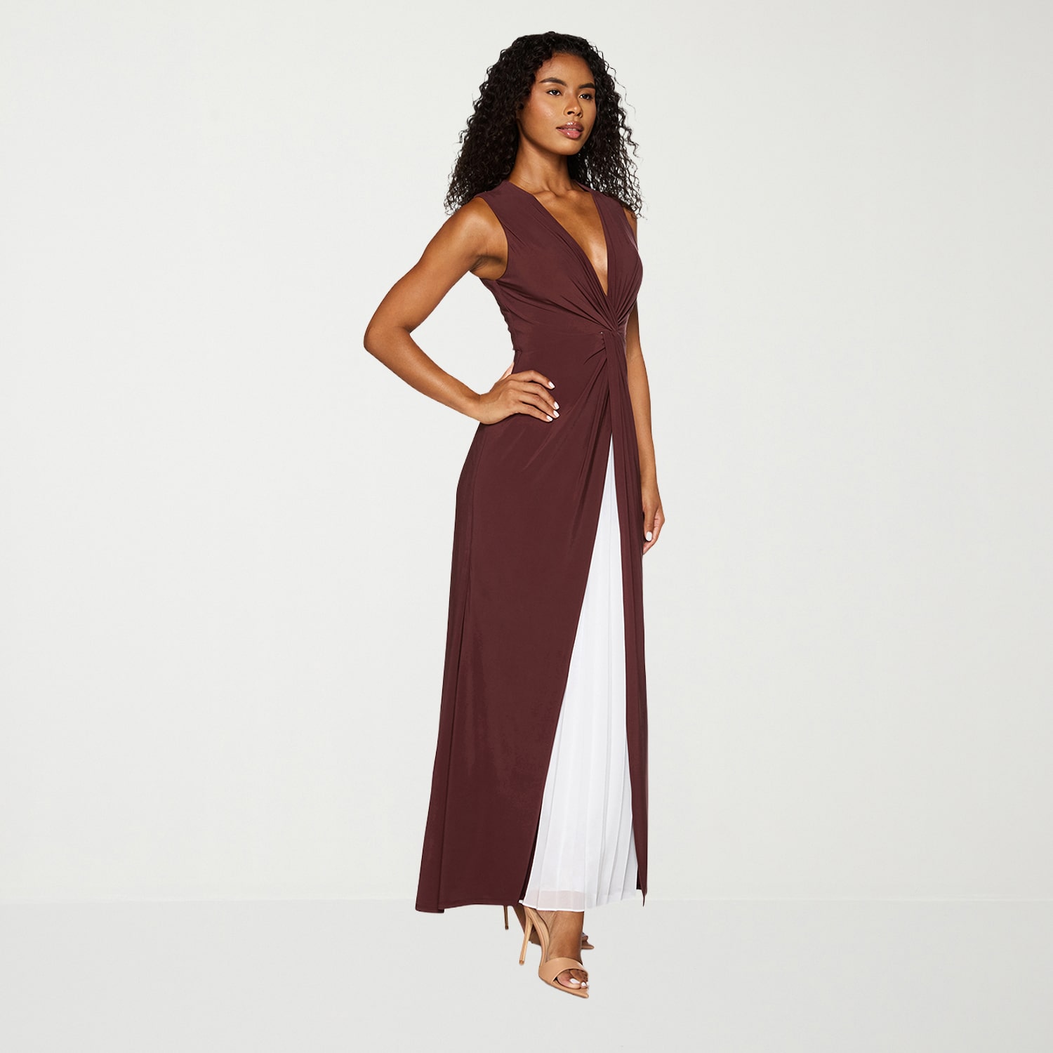 Premier Amour Womens V Neck Sleeveless Contrast Inset Evening Gown