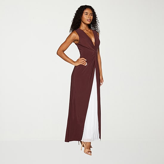 Premier Amour Womens V Neck Sleeveless Contrast Inset Evening Gown