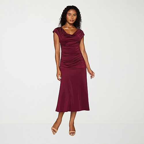 Premier Amour Womens Midi Cowl Neck Sleeveless Cap Evening Gown In Red