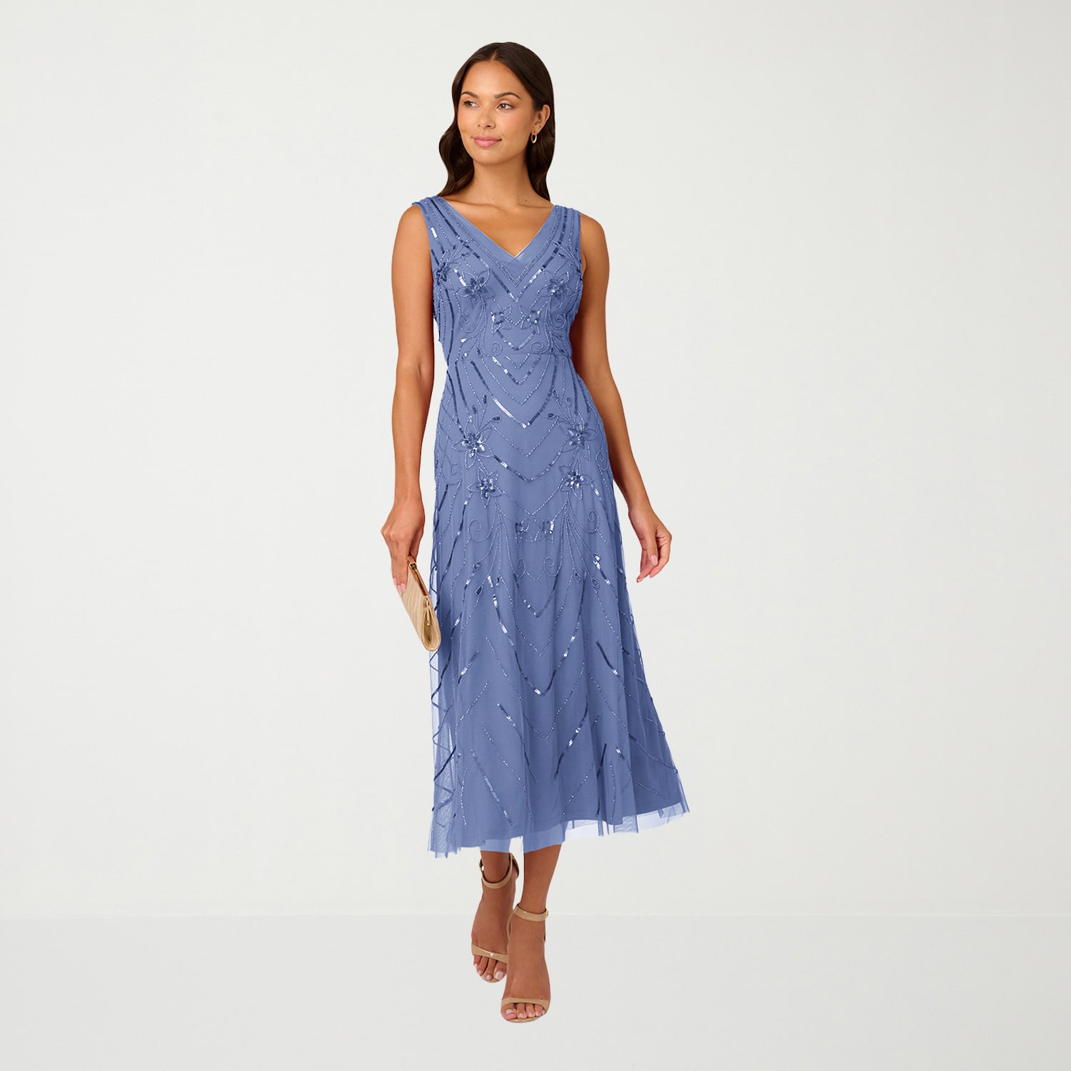 Papell Boutique Womens V Neck Sleeveless Evening Gown