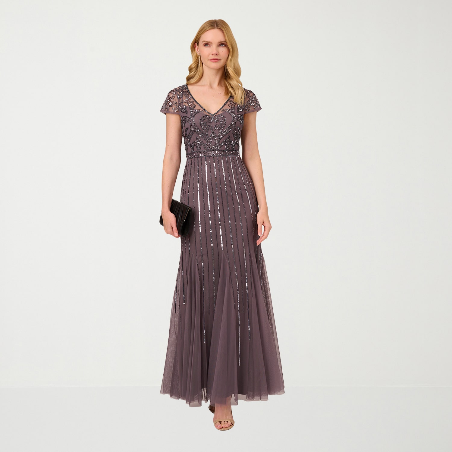 Papell Boutique Womens V Neck Short Sleeve Cap Evening Gown