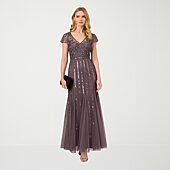 Papell Boutique Womens V Neck Short Sleeve Cap Evening Gown