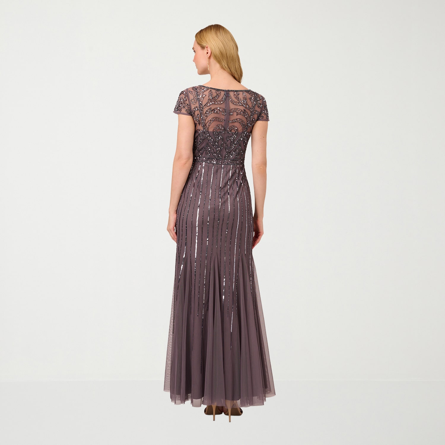 Papell Boutique Womens V Neck Short Sleeve Cap Evening Gown