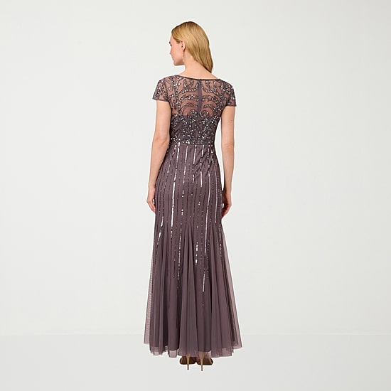 Papell Boutique Womens V Neck Short Sleeve Cap Evening Gown