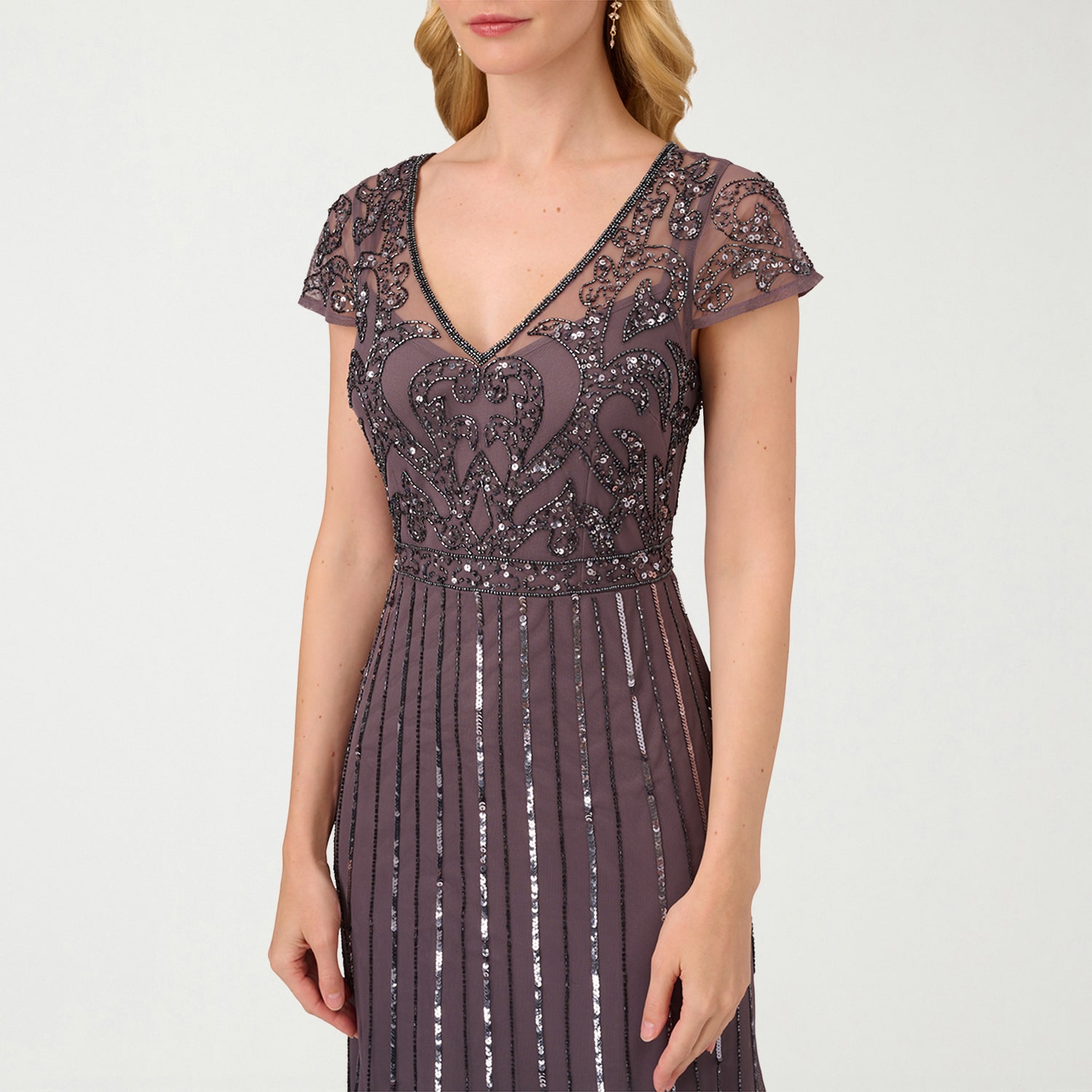 Papell Boutique Womens V Neck Short Sleeve Cap Evening Gown