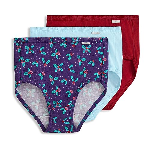 Jockey Elance Brief 3 Pack Underwear 1484, 1486 Extended Sizes - Teal Agate/mistletoe Bow/deep Scarlet