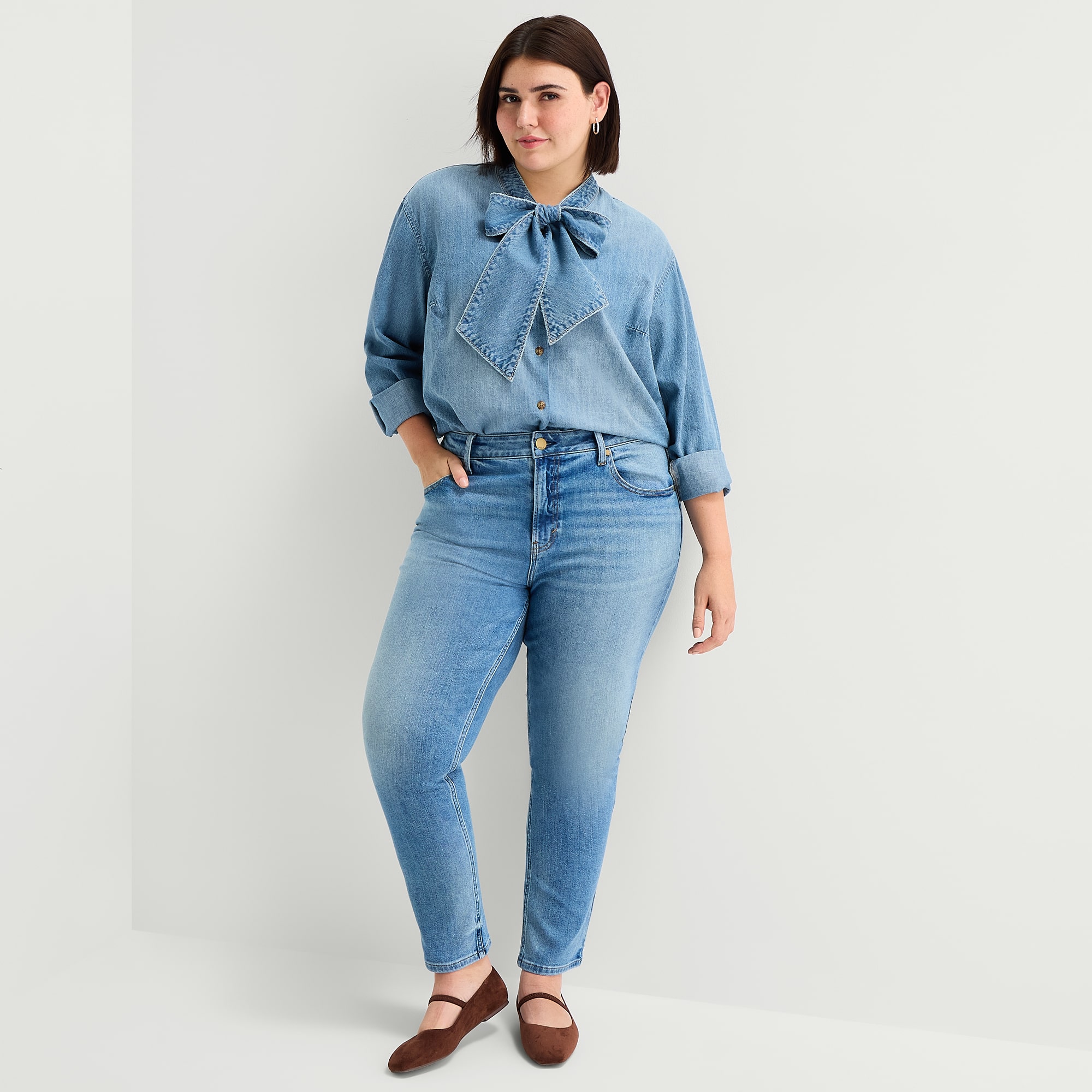 A.N.A Womens Plus Split Tie Neck Long Sleeve Blouse