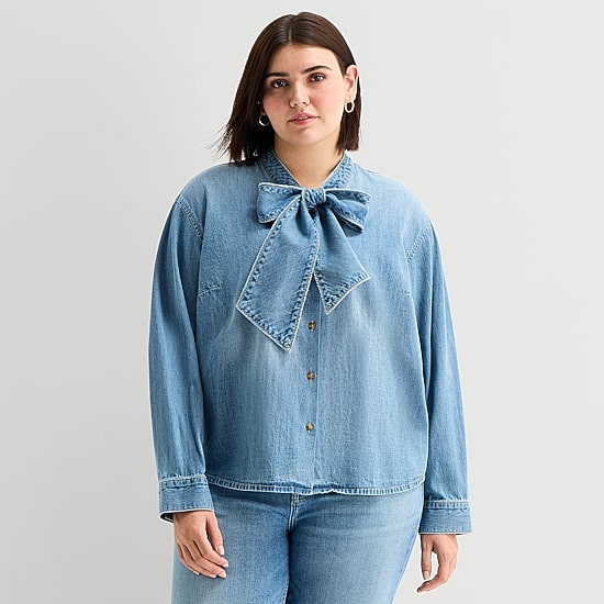 A.N.A Womens Plus Split Tie Neck Long Sleeve Blouse