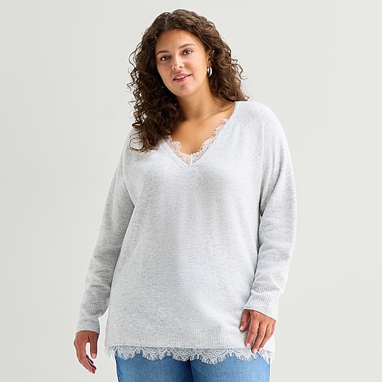 A.N.A Plus Lace Trim Womens V Neck Long Sleeve Pullover Sweater