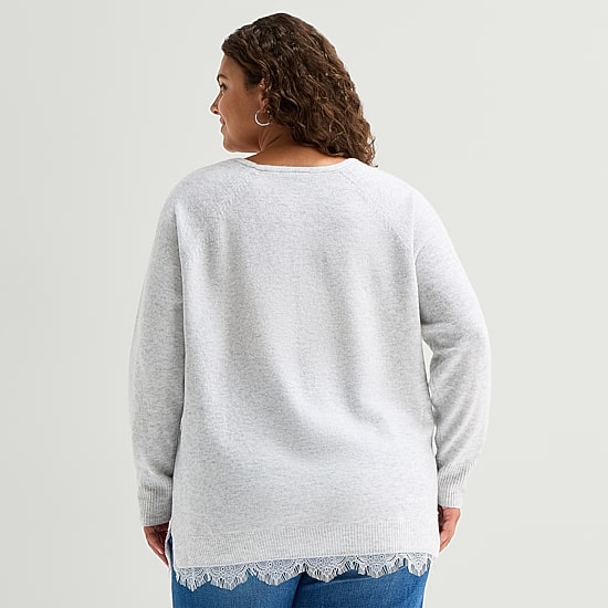 A.N.A Plus Lace Trim Womens V Neck Long Sleeve Pullover Sweater