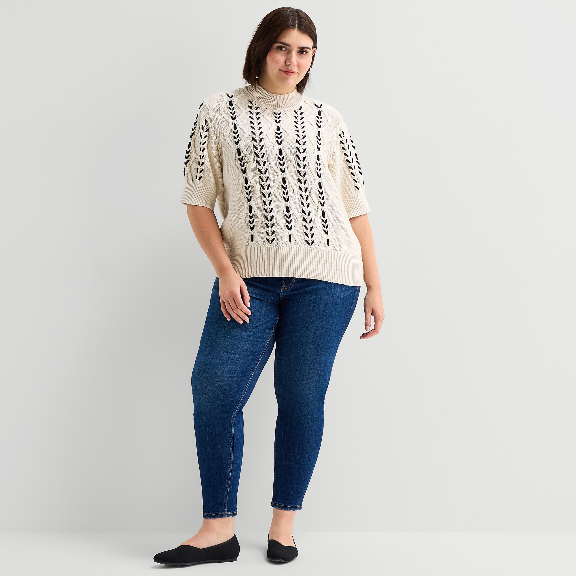 A.N.A Plus Womens Mock Neck Elbow Sleeve Pullover Sweater
