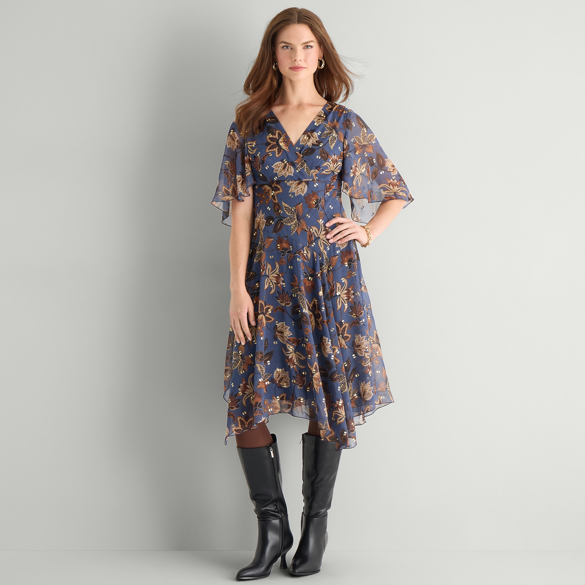 Rabbit Design Womens V Neck Short Sleeve Cape Floral Fit + Flare Dress