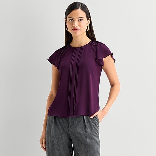Worthington Womens Petite Round Neck Short Sleeve Blouse In Purple