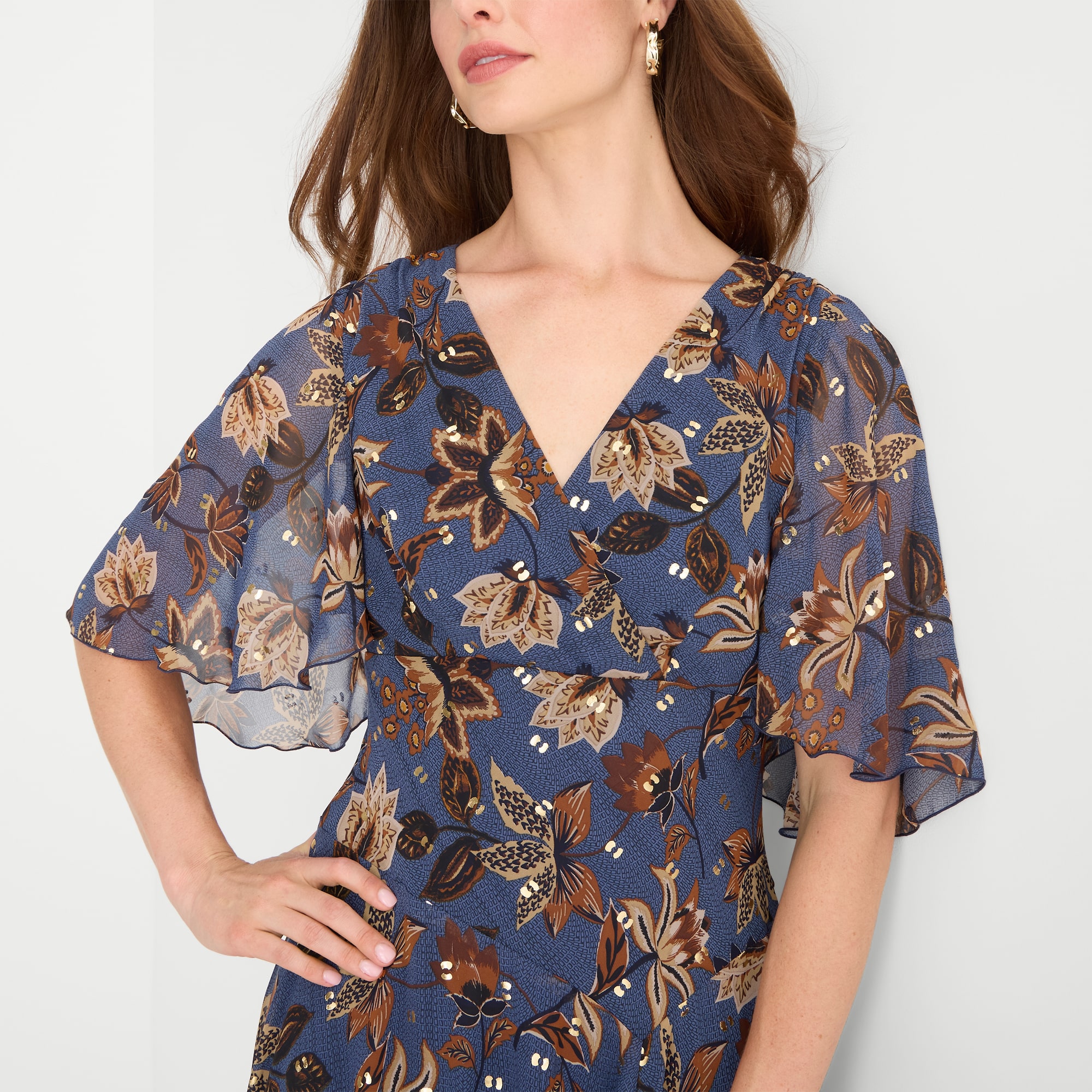 Rabbit Design Womens V Neck Short Sleeve Cape Floral Fit + Flare Dress