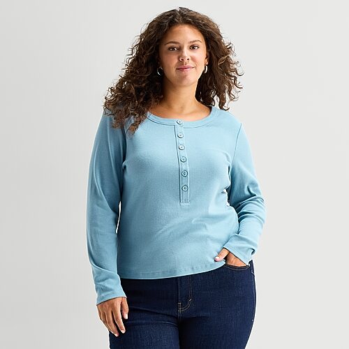 Ana Womens Plus Long Sleeve Fitted Henley Shirt In Blue
