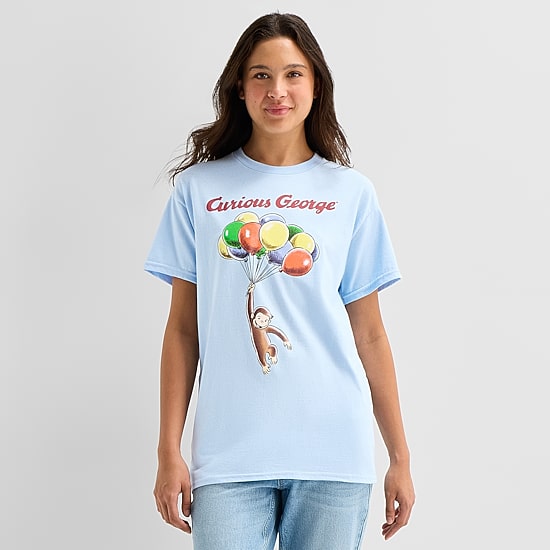 Boyfriend Tee Womens Juniors Crew Neck Short Sleeve Regular Fit Curious George Graphic T-Shirt