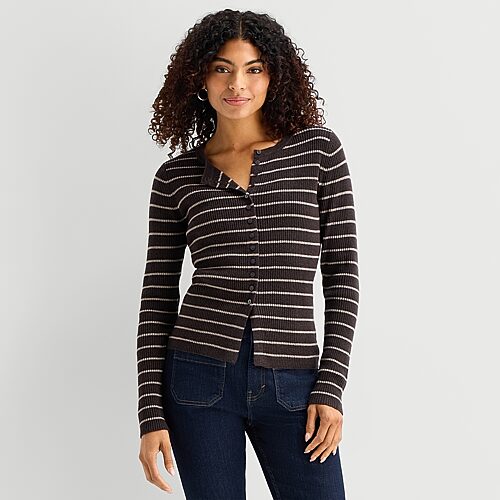 Ana Womens Crew Neck Long Sleeve Button Tall Cardigan In Beige