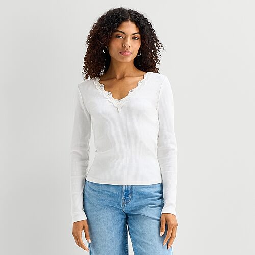 Ana Lace Trim Womens V Neck Long Sleeve T-shirt In White
